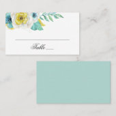 Waterverf blauw en geel. Bloemenbruiloft Plaatskaartje (Voorkant / Achterkant)