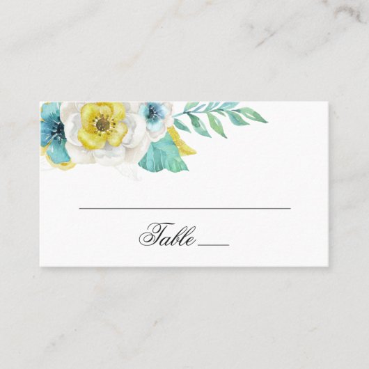 Waterverf blauw en geel. Bloemenbruiloft Plaatskaartje (Voorkant)