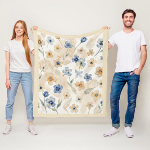 Waterverf Blauw en Geel Bloemmotief Fleece Deken