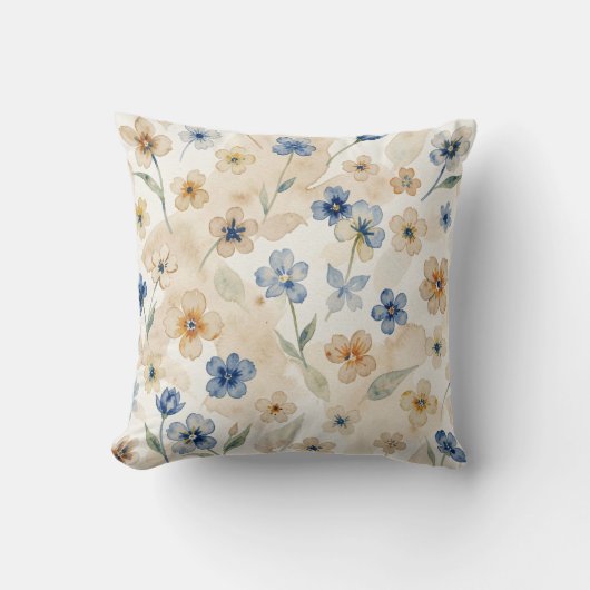 Waterverf Blauw en Geel Bloemmotief Kussen (Voorkant)