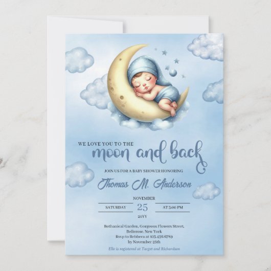 Waterverf blauw en geel maan en terug jongen kaart (Voorkant)