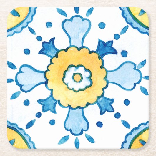 Waterverf blauw en geel Marokkaanse Tegel Kartonnen Onderzetters (Voorkant)