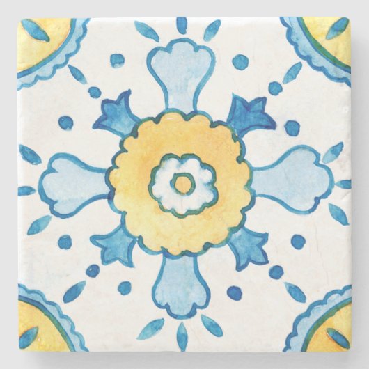 Waterverf blauw en geel Marokkaanse Tegel Stenen Onderzetter (Voorkant)