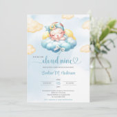 Waterverf blauw en geel wolk negen baby meisje kaart (Staand voorkant)