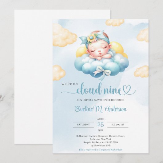 Waterverf blauw en geel wolk negen baby meisje kaart (Voorkant / Achterkant)