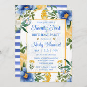 Waterverf Blauw en Gele Bloemen 21e verjaardag Kaart (Voorkant / Achterkant)