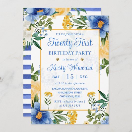 Waterverf Blauw en Gele Bloemen 21e verjaardag Kaart (Voorkant / Achterkant)