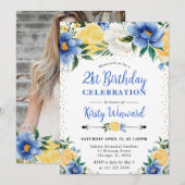 Waterverf Blauw en Gele Bloemen 21e verjaardag Kaart (Voorkant / Achterkant)