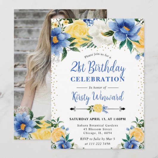 Waterverf Blauw en Gele Bloemen 21e verjaardag Kaart (Voorkant / Achterkant)