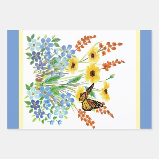  Waterverf Blauw en Gele Bloemen Inpakpapier Vel (Voorkant)