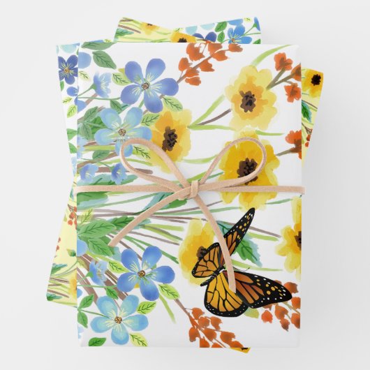  Waterverf Blauw en Gele Bloemen Inpakpapier Vel (In situ)