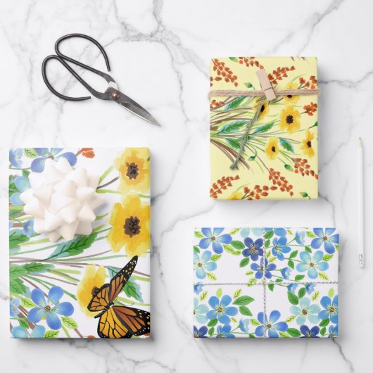  Waterverf Blauw en Gele Bloemen Inpakpapier Vel (Voorkant)