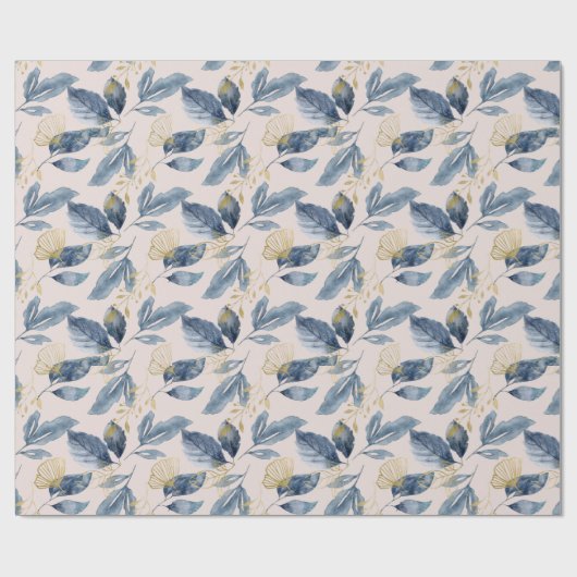 Waterverf Blauw en Gold Single Leaves Cadeaupapier (Vlak)