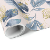Waterverf Blauw en Gold Single Leaves Cadeaupapier (Rol Hoek)