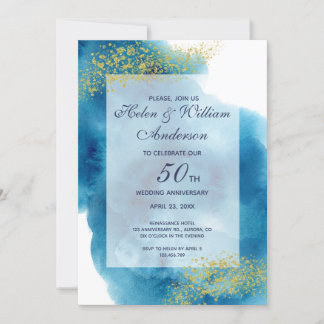 Waterverf Blauw en Goud 50ste Huwelijksjubileum Kaart