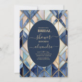 Waterverf Blauw en Goud Art Deco Bridal Kaart (Voorkant)