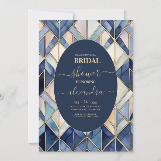 Waterverf Blauw en Goud Art Deco Bridal Kaart (Voorkant)