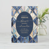 Waterverf Blauw en Goud Art Deco Bridal Kaart (Staand voorkant)