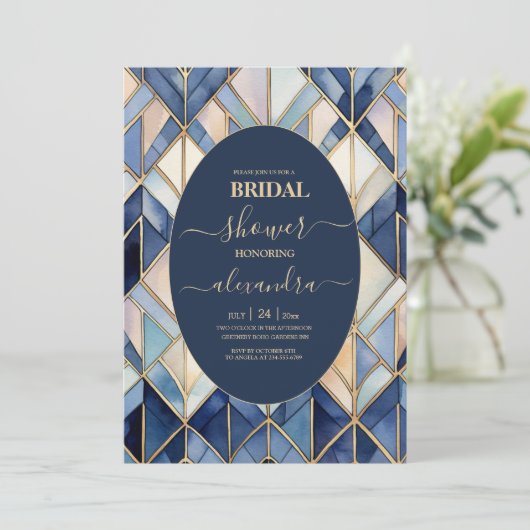 Waterverf Blauw en Goud Art Deco Bridal Kaart (Staand voorkant)