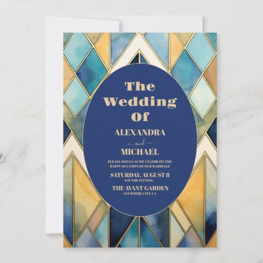 Waterverf Blauw en Goud Art Deco Bruiloft Kaart (Voorkant)