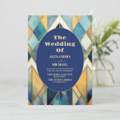 Waterverf Blauw en Goud Art Deco Bruiloft Kaart (Staand voorkant)