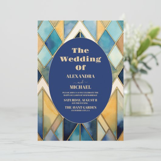 Waterverf Blauw en Goud Art Deco Bruiloft Kaart (Staand voorkant)