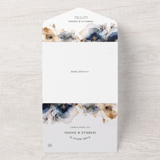 Waterverf Blauw en Goud Bloemen Huwelijk All In One Uitnodiging (Buitenkant)