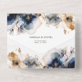 Waterverf Blauw en Goud Bloemen Huwelijk All In One Uitnodiging (Achterkant)