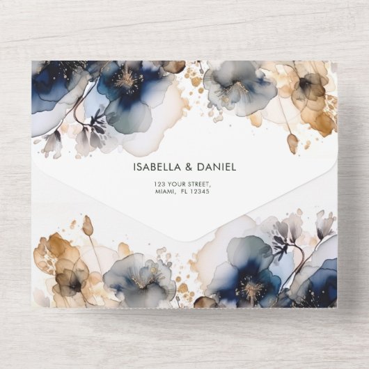 Waterverf Blauw en Goud Bloemen Huwelijk All In One Uitnodiging (Achterkant)