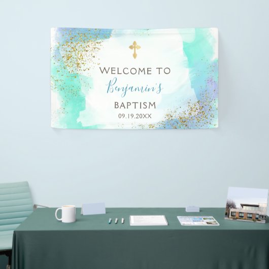 Waterverf Blauw en Goud doop welkom Spandoek (Beurs)