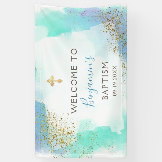 Waterverf Blauw en Goud doop welkom Spandoek (Verticaal)