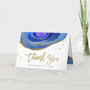Waterverf Blauw en Goud Geode   Bruiloft Bedankkaart
