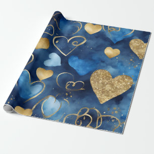 Waterverf Blauw en Goud Inkt Valentijnsharten Cadeaupapier