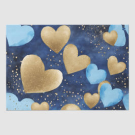 Waterverf Blauw en Goud Inkt Valentijnsharten Tissuepapier