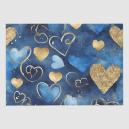 Waterverf Blauw en Goud Inkt Valentijnsharten Tissuepapier