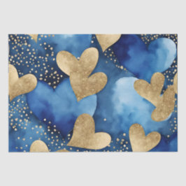 Waterverf Blauw en Goud Inkt Valentijnsharten Tissuepapier