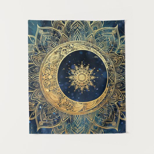 Waterverf Blauw en Goud Mandala Sun Nebula Galaxy Wandkleed (Voorkant)
