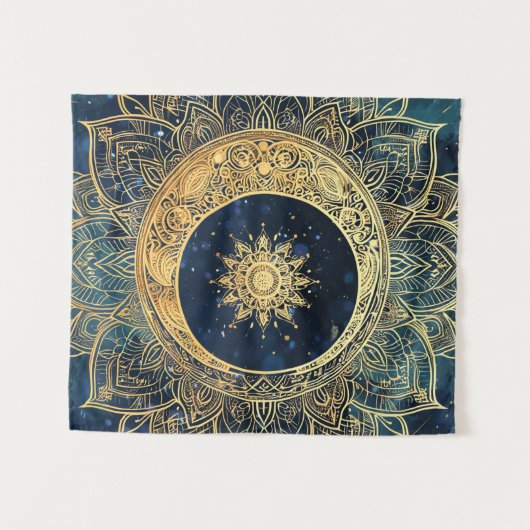 Waterverf Blauw en Goud Mandala Sun Nebula Galaxy Wandkleed (Voorkant (horizontaal))
