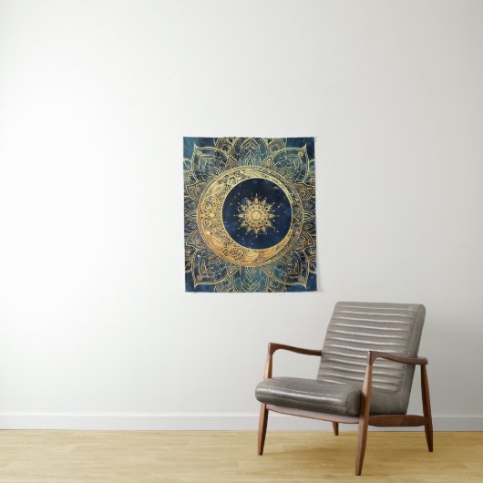 Waterverf Blauw en Goud Mandala Sun Nebula Galaxy Wandkleed (In situ)