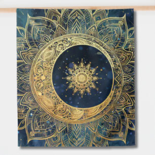 Waterverf Blauw en Goud Mandala Sun Nebula Galaxy Wandkleed