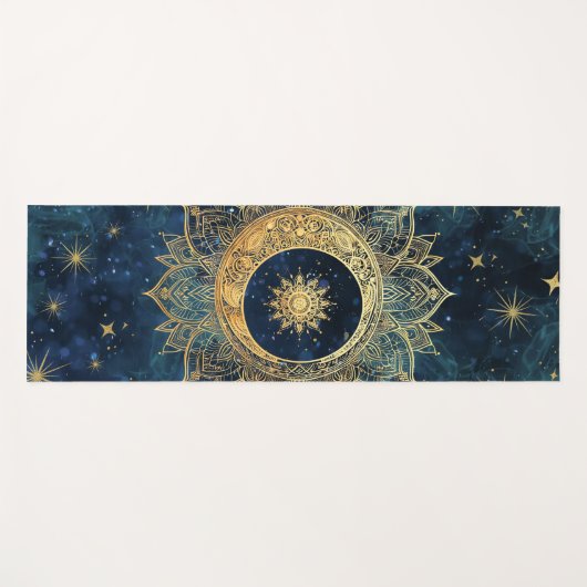 Waterverf Blauw en Goud Mandala Sun Nebula Galaxy Yogamat (Voorkant (horizontaal))