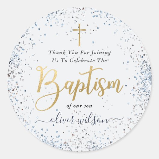 Waterverf blauw en gouden jongen doop dank u ronde sticker (Voorkant)