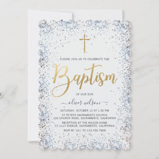 Waterverf blauw en gouden jongen doop kaart (Voorkant)