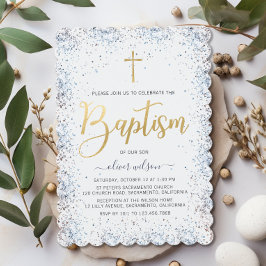 Waterverf blauw en gouden jongen doop kaart