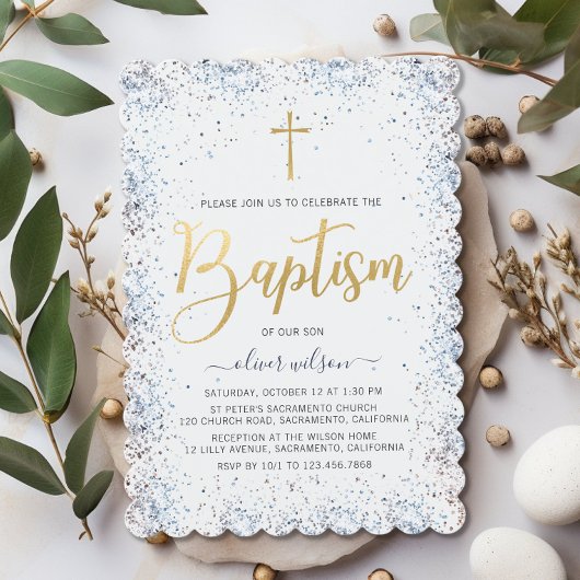 Waterverf blauw en gouden jongen doop kaart