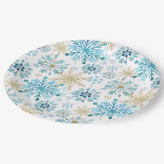 Waterverf Blauw en goudglitter Winter Snowflakes Papieren Bordje (Gekanteld)