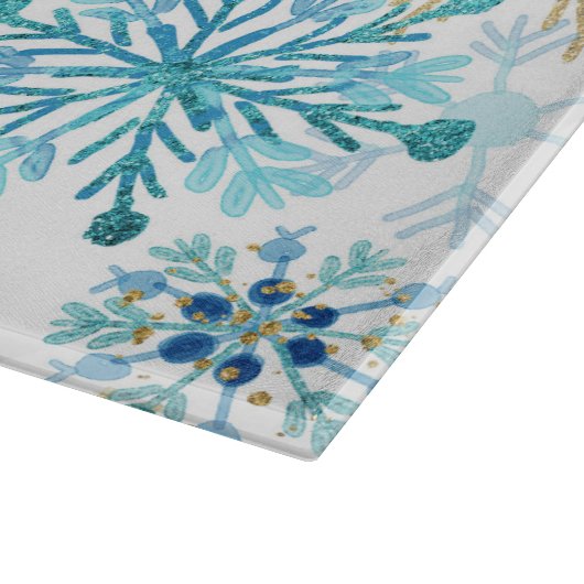 Waterverf Blauw en goudglitter Winter Snowflakes Snijplank (Hoek)