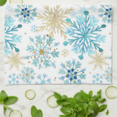 Waterverf Blauw en goudglitter Winter Snowflakes Theedoek (Gevouwen)