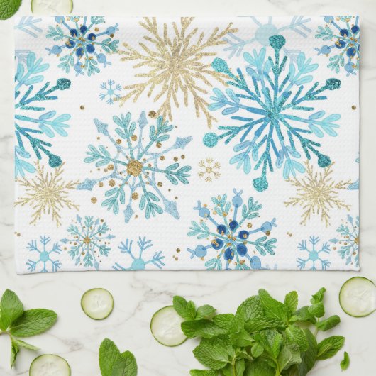 Waterverf Blauw en goudglitter Winter Snowflakes Theedoek (Gevouwen)