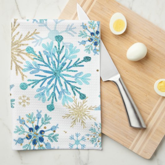 Waterverf Blauw en goudglitter Winter Snowflakes Theedoek (Quarter Fold)